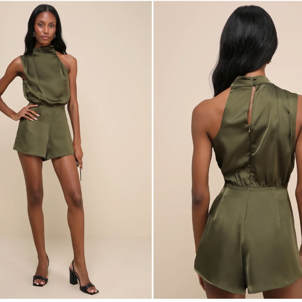 "Advantageous Perfection Olive Green Sating Asymmetrical Romper"